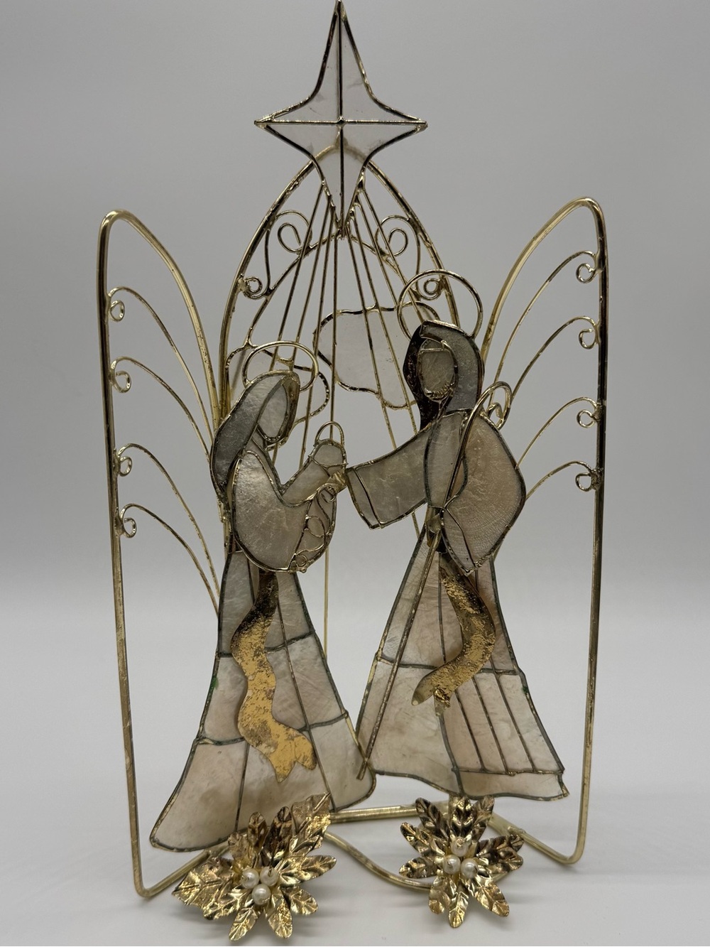 Vtg Capiz Shell Nativity Scene Brass Holy Family Christmas Display Mid Century